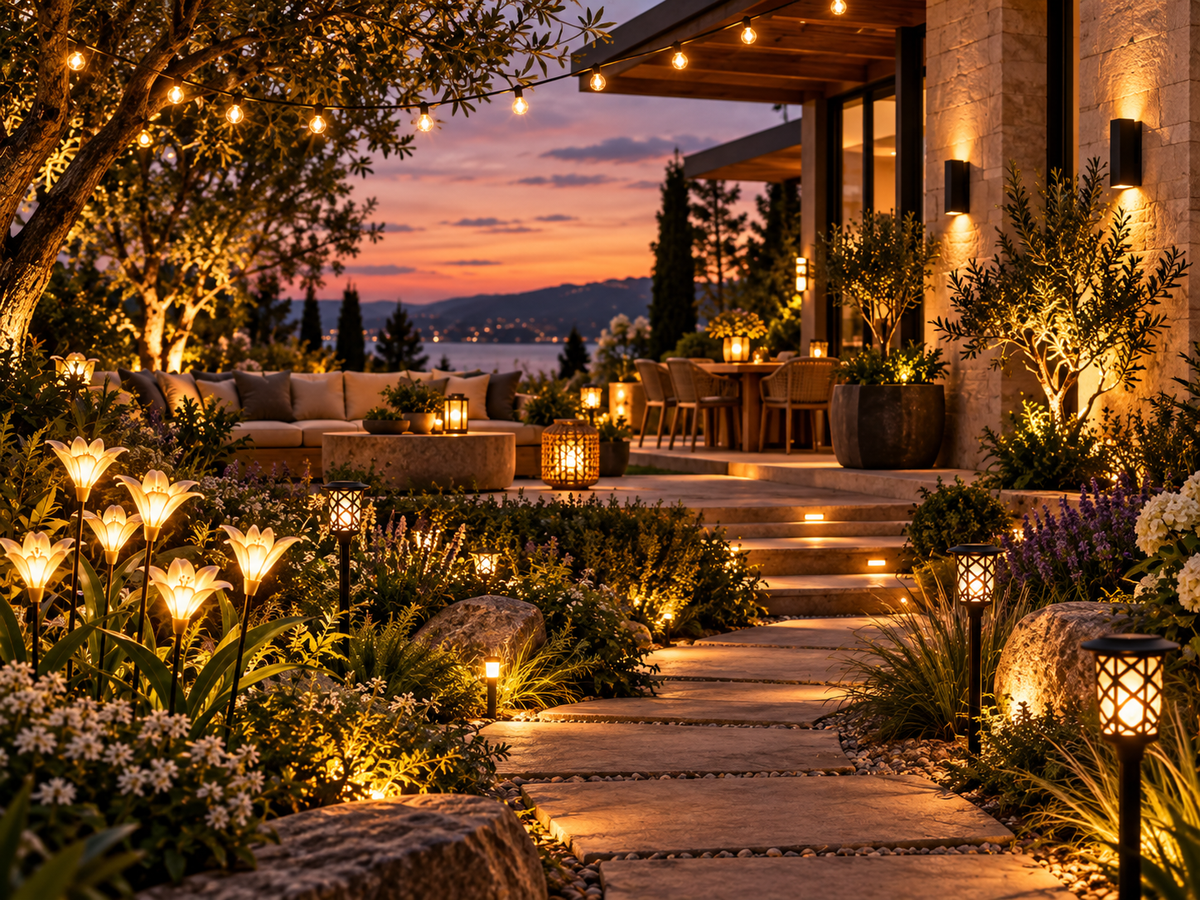 Decorative garden flower lights, pathway lighting and string lights in a modern outdoor space