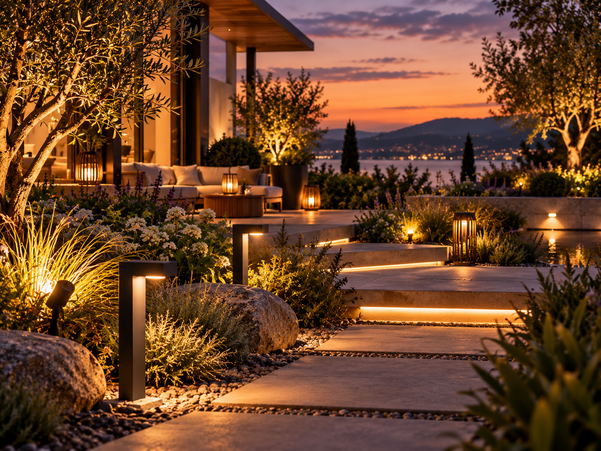Contemporary landscape and pathway lights in an elegant garden at sunset