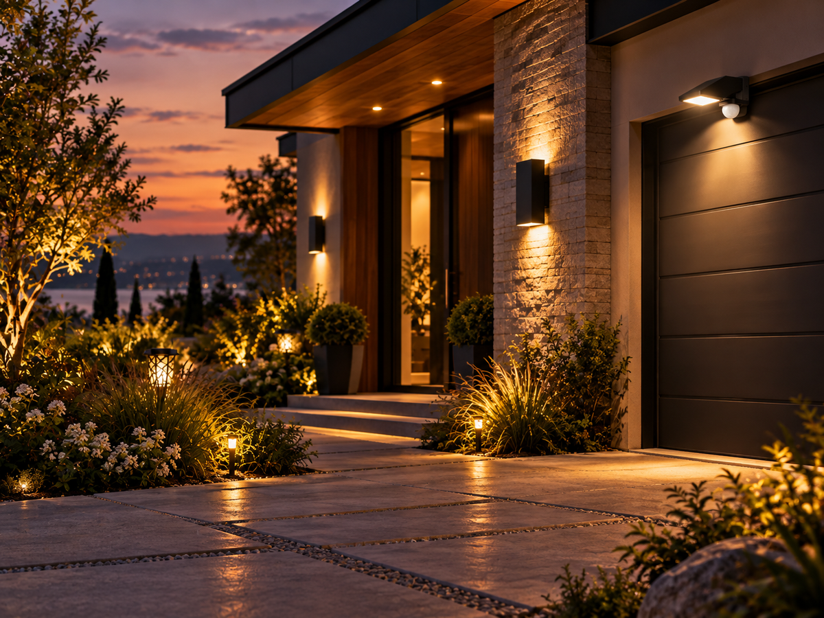 Contemporary outdoor wall and motion sensor security lights on a modern home exterior at dusk