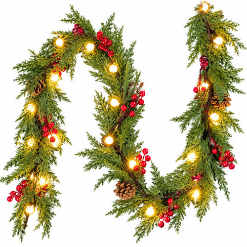6 ft lighted Christmas garland with globe lights, evergreen foliage, pinecones and red berries on white background