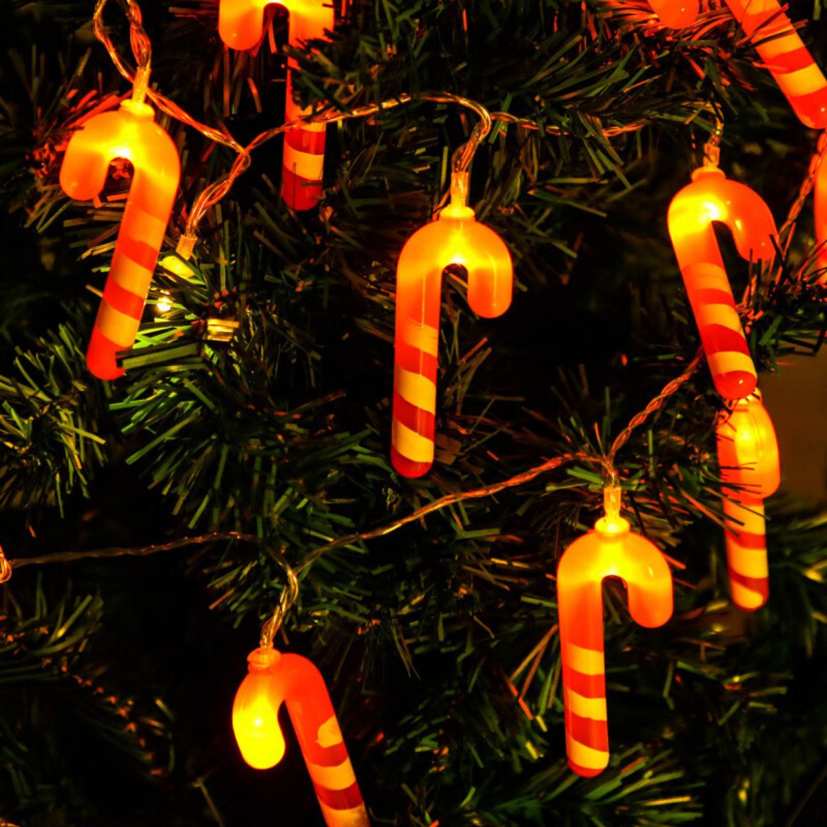 Decorative string lights shaped like candy canes on a Christmas tree.