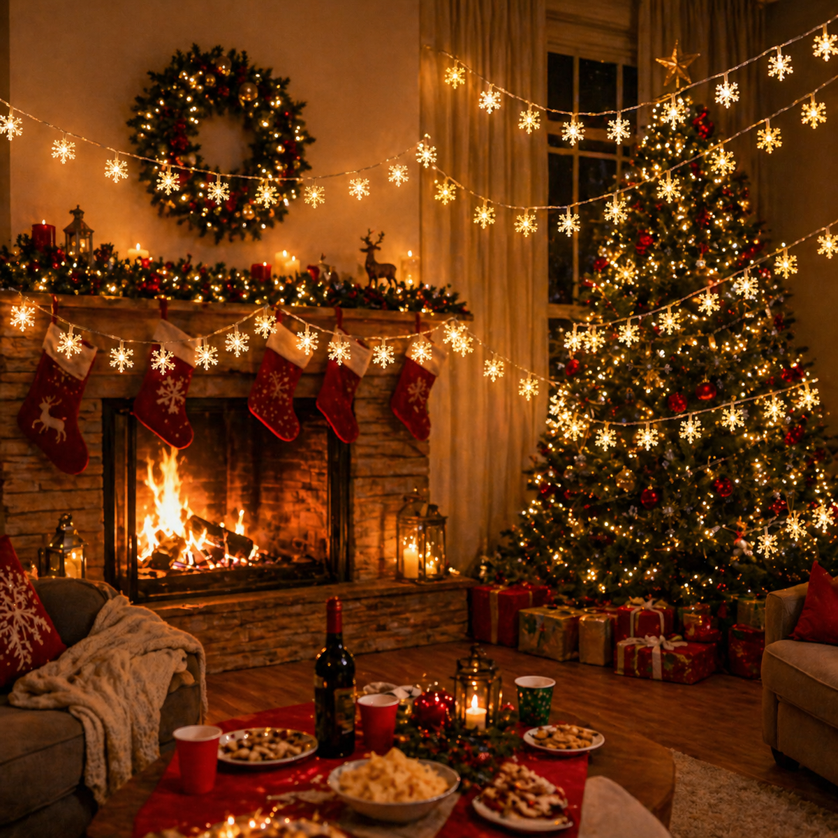 Cozy living room with Christmas decorations, including LED Snowflake Christmas String Lights, a tree, stockings, and fireplace.