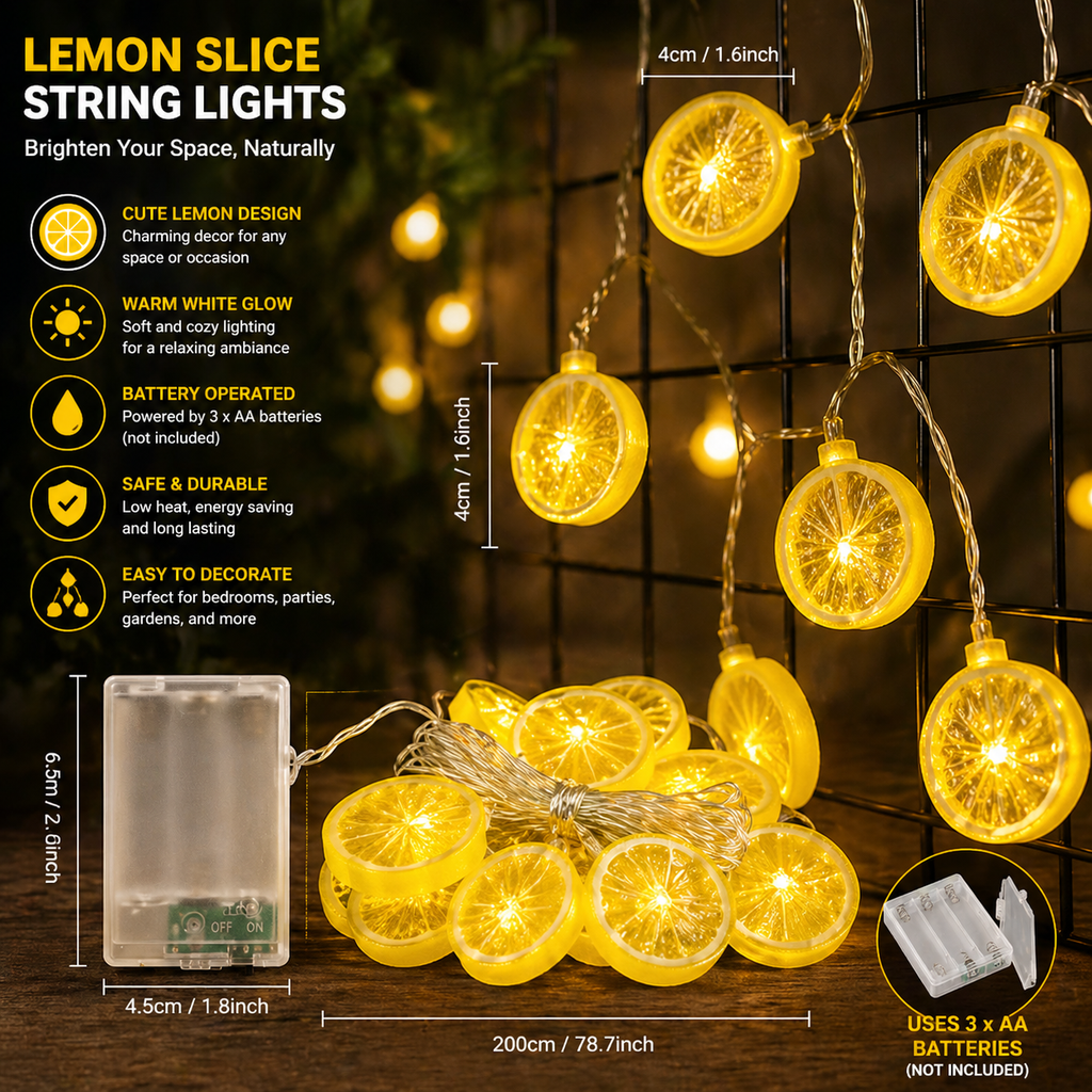 Lemon Slice LED String Lights USB with packaging and specifications on a dark background