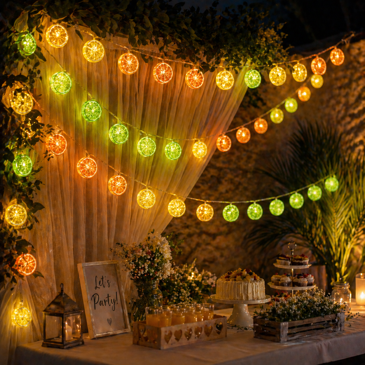 Decorated outdoor table with Lemon Slice LED String Lights USB, cake, and 'Let's Party!' sign under a canopy.
