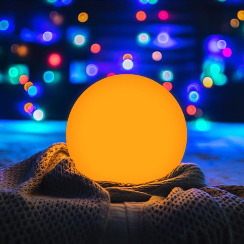 Modern LED Orb Lights Outdoor with colorful blurred lights in the background