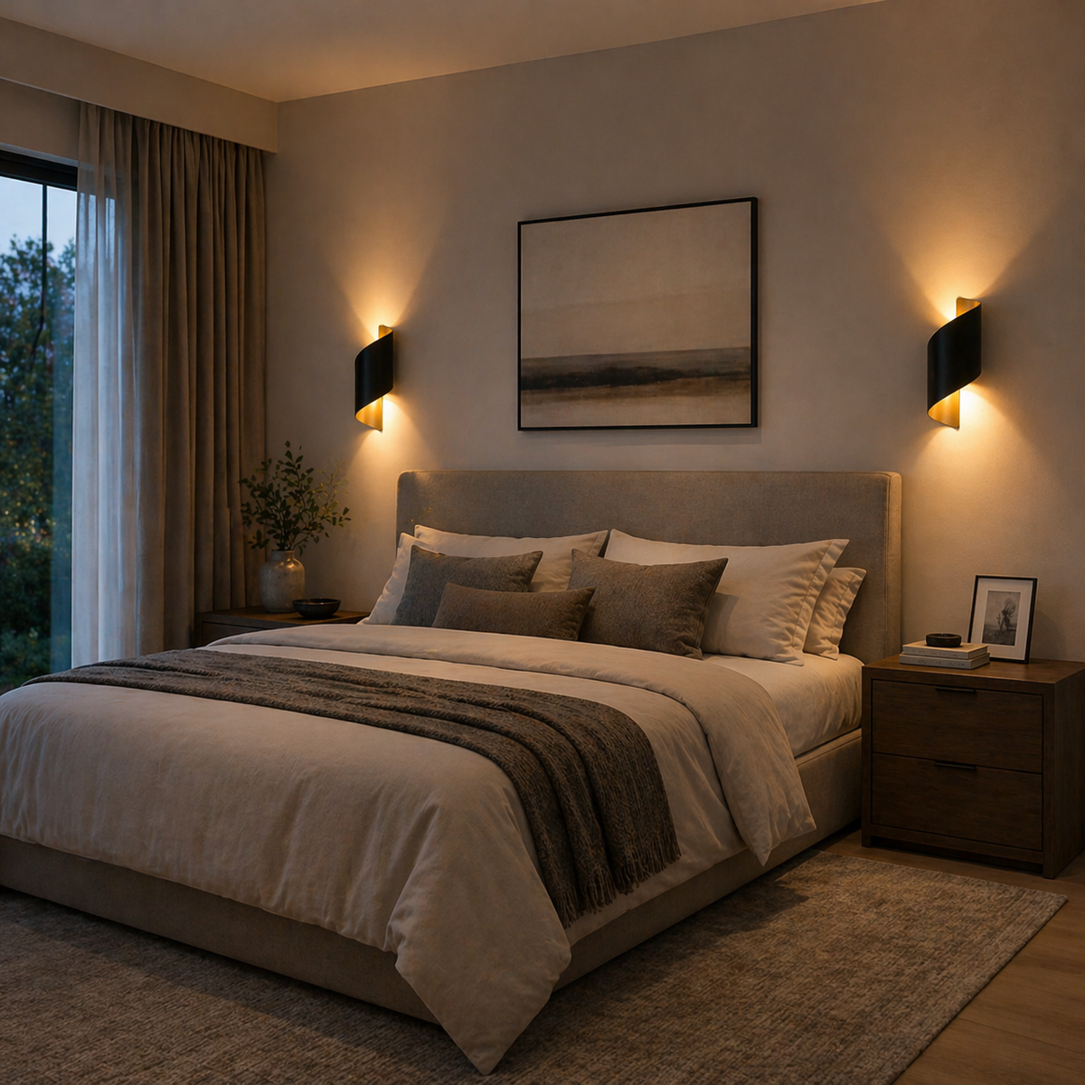 Modern Up Down Wall Lamp in bedroom with a bed, nightstands, and wall art.