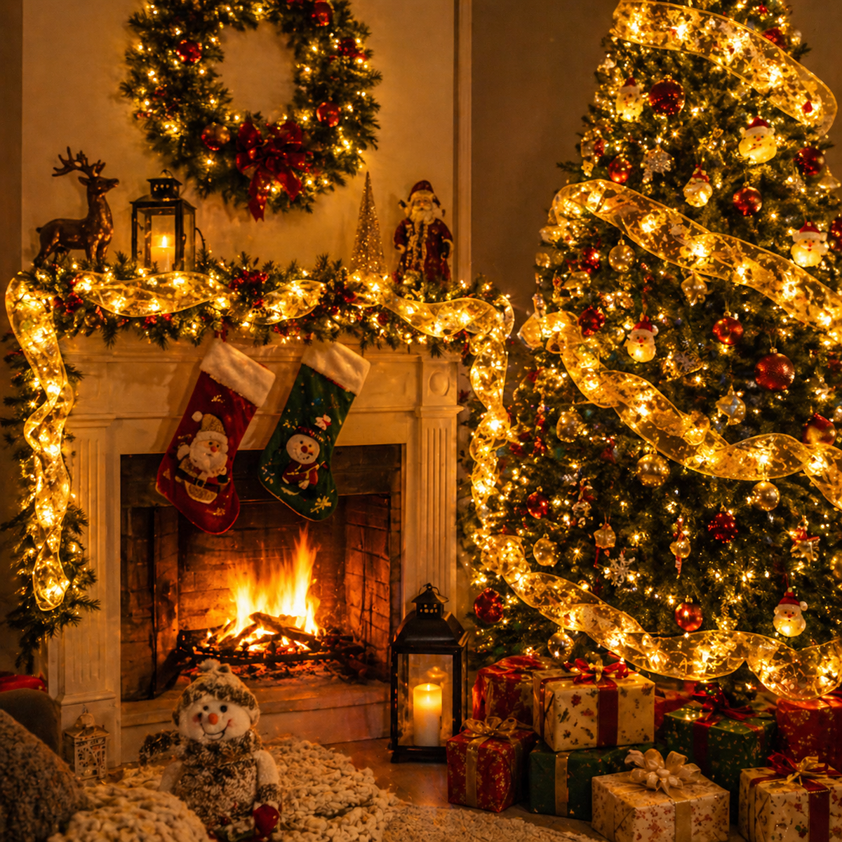 Cozy living room with Christmas tree, stockings, New Christmas Tree Ribbon Lights and fireplace.