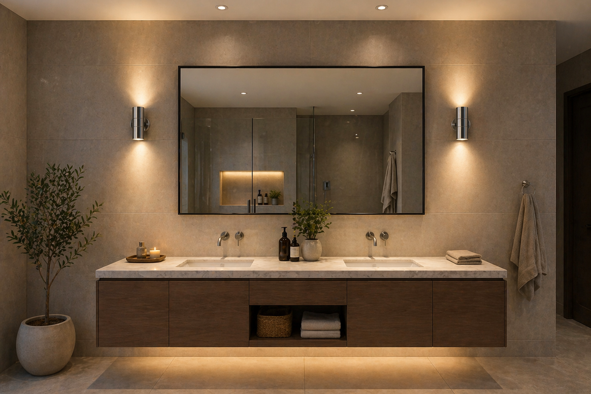 Outdoor Wall Lights Waterproof – Up & Down in Modern bathroom with a large mirror, sink, and decorative elements.