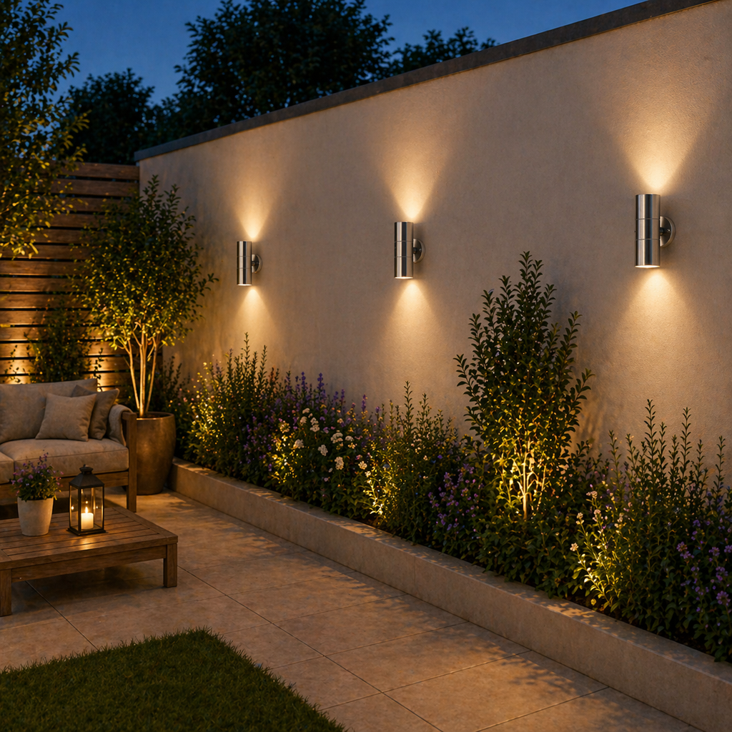 Outdoor Wall Lights Waterproof – Up & Down in Outdoor patio area with wall lights, plants, and a couch at night.