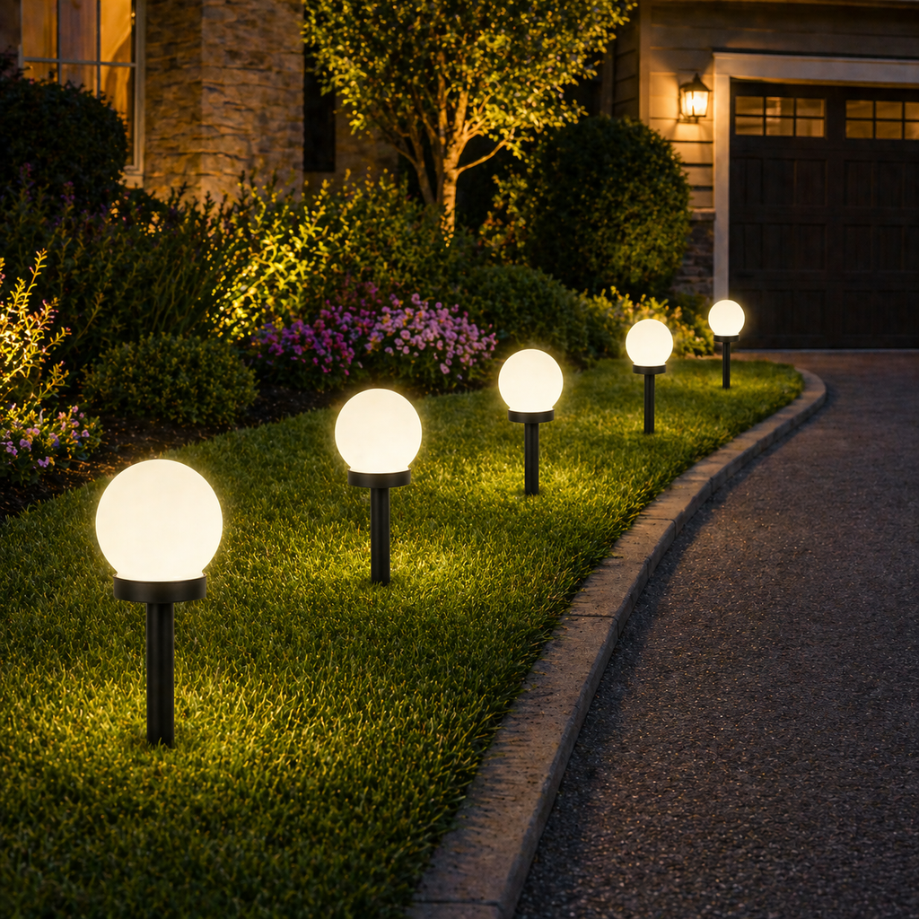 Glowing Solar Ball Garden Lights Outdoor on grass near a house