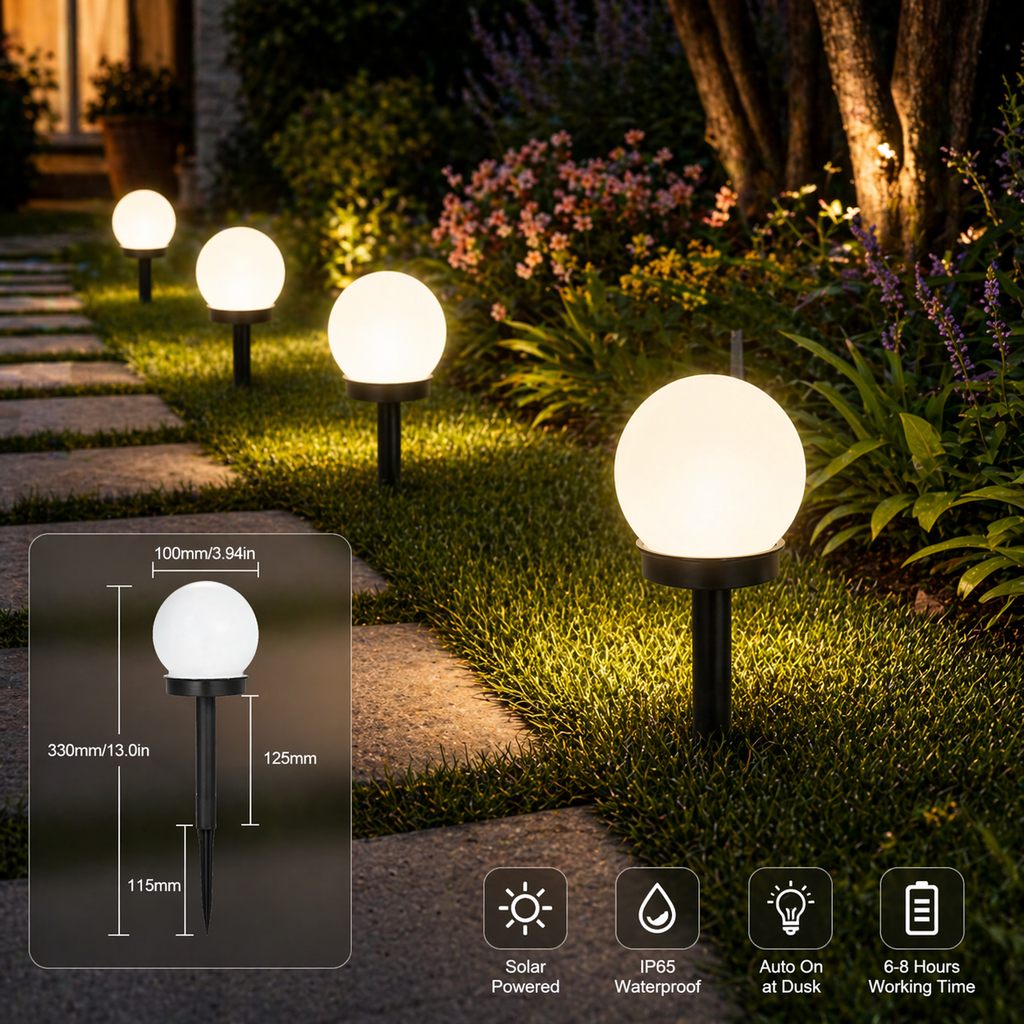 Solar Ball Garden Lights Outdoor illuminating a pathway with product details overlayed.