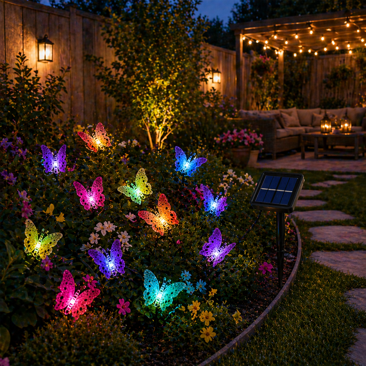 Solar Butterfly String Lights Outdoor in a garden setting with a solar panel and outdoor furniture.