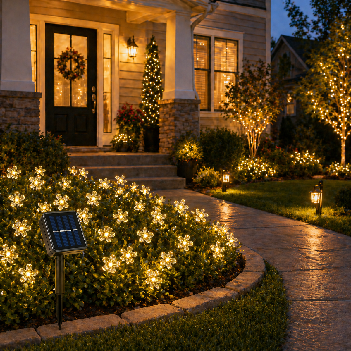 Solar Flower Fairy String Lights on a house exterior with solar lights and string lights.