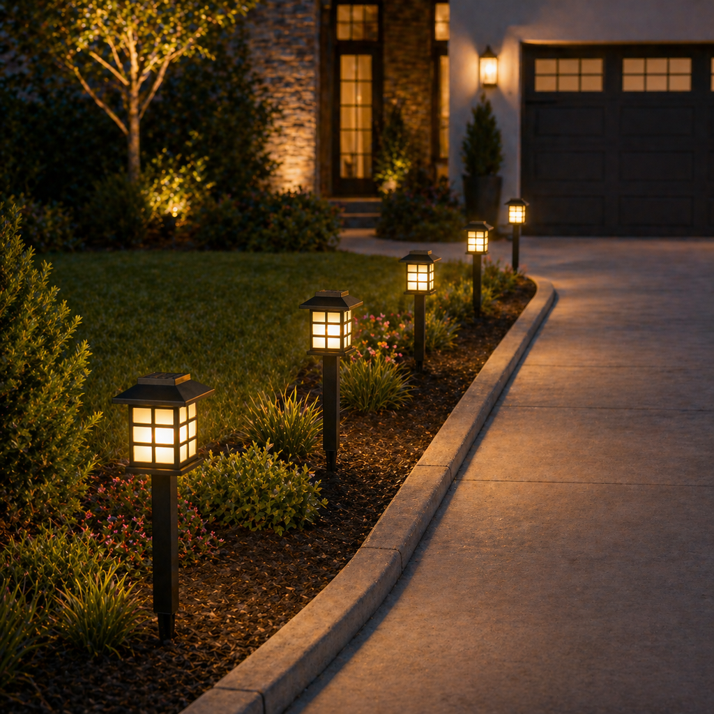 Glowing Solar Garden Path Lights Outdoor along a pathway in a garden at night.
