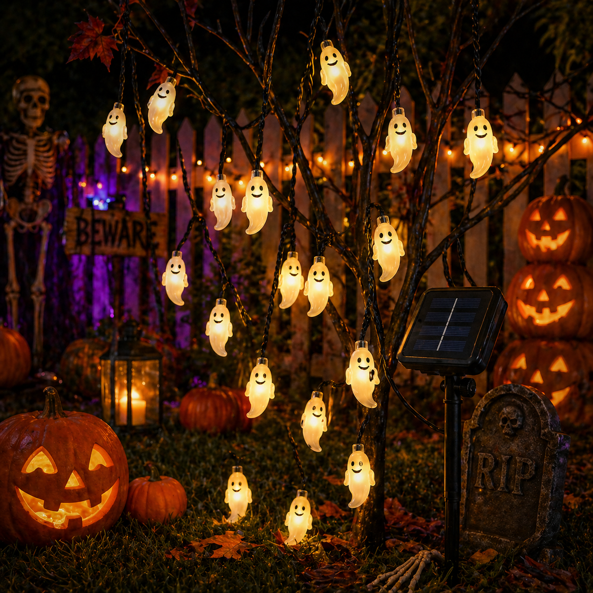 Halloween-themed outdoor setting with Solar LED Ghost String Lights, pumpkins, and a solar panel.