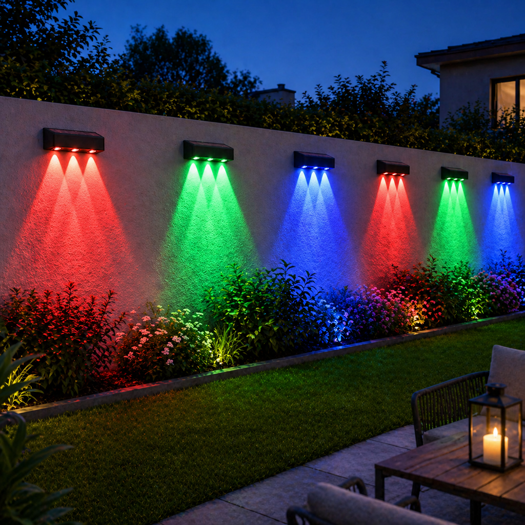 Outdoor garden scene with colorful Solar Powered Garden Wall Light on a wall, surrounded by plants and a patio area.