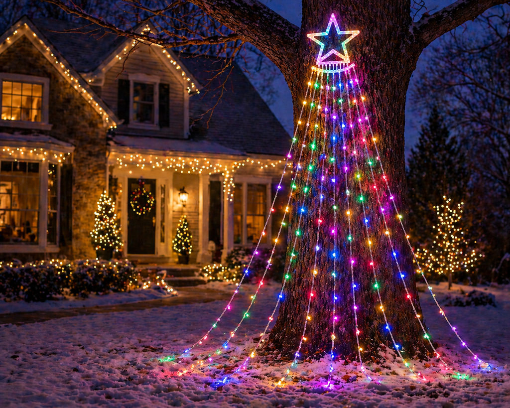 Decorative Christmas tree made of Solar Star Curtain Lights Outdoor  in front of a house with more Christmas decorations.