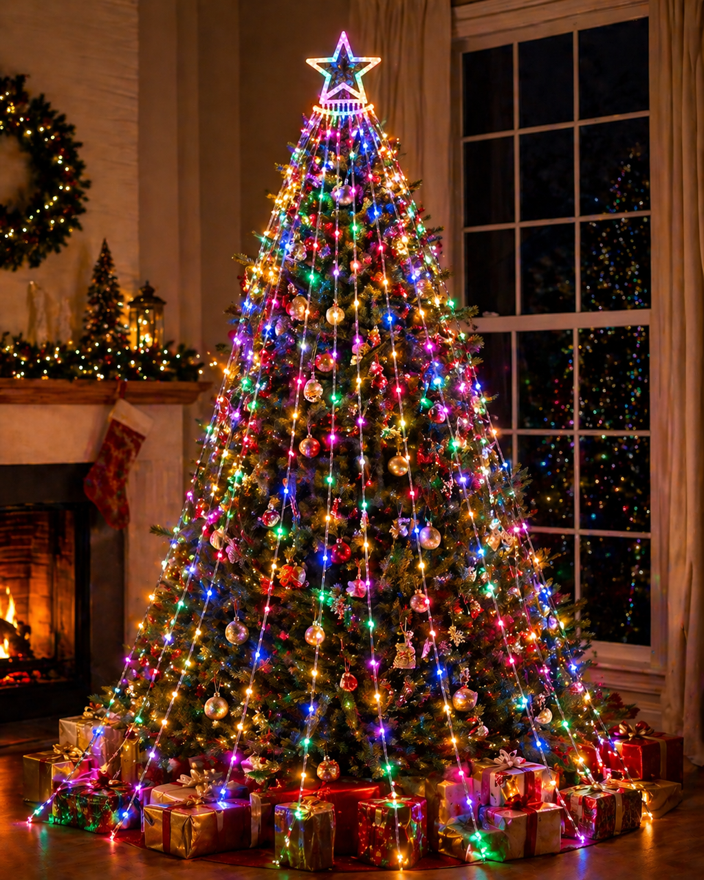 Decorated Christmas tree with Solar Star Curtain Lights Outdoor and presents in a living room setting.