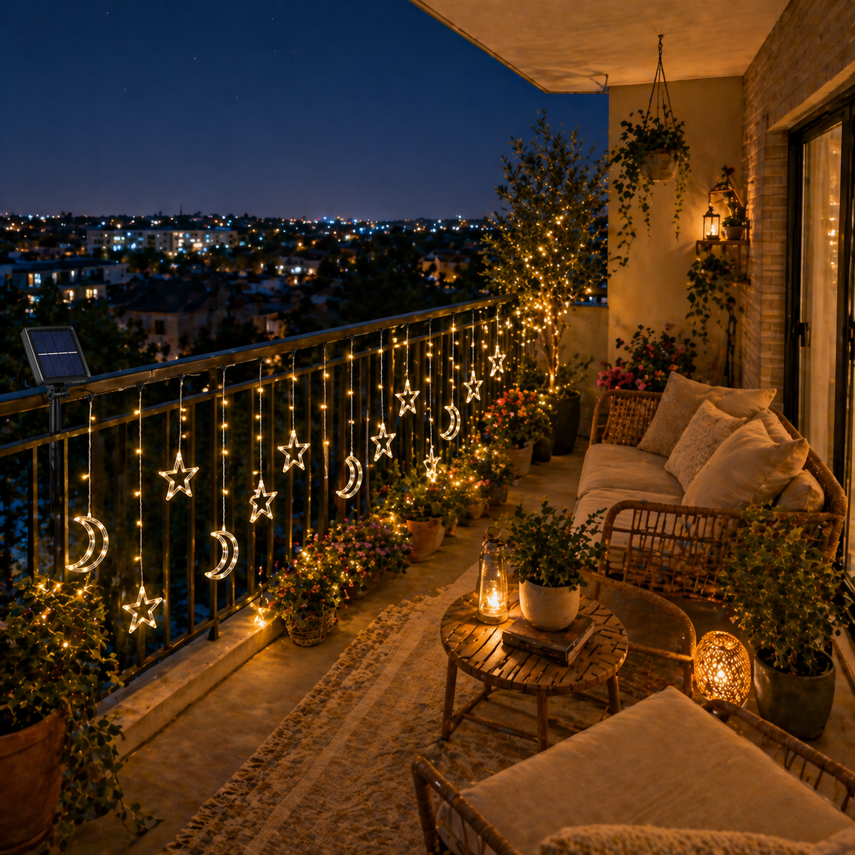 Balcony decorated with Solar Star Moon String Lights Outdoor, plants, and furniture at night.