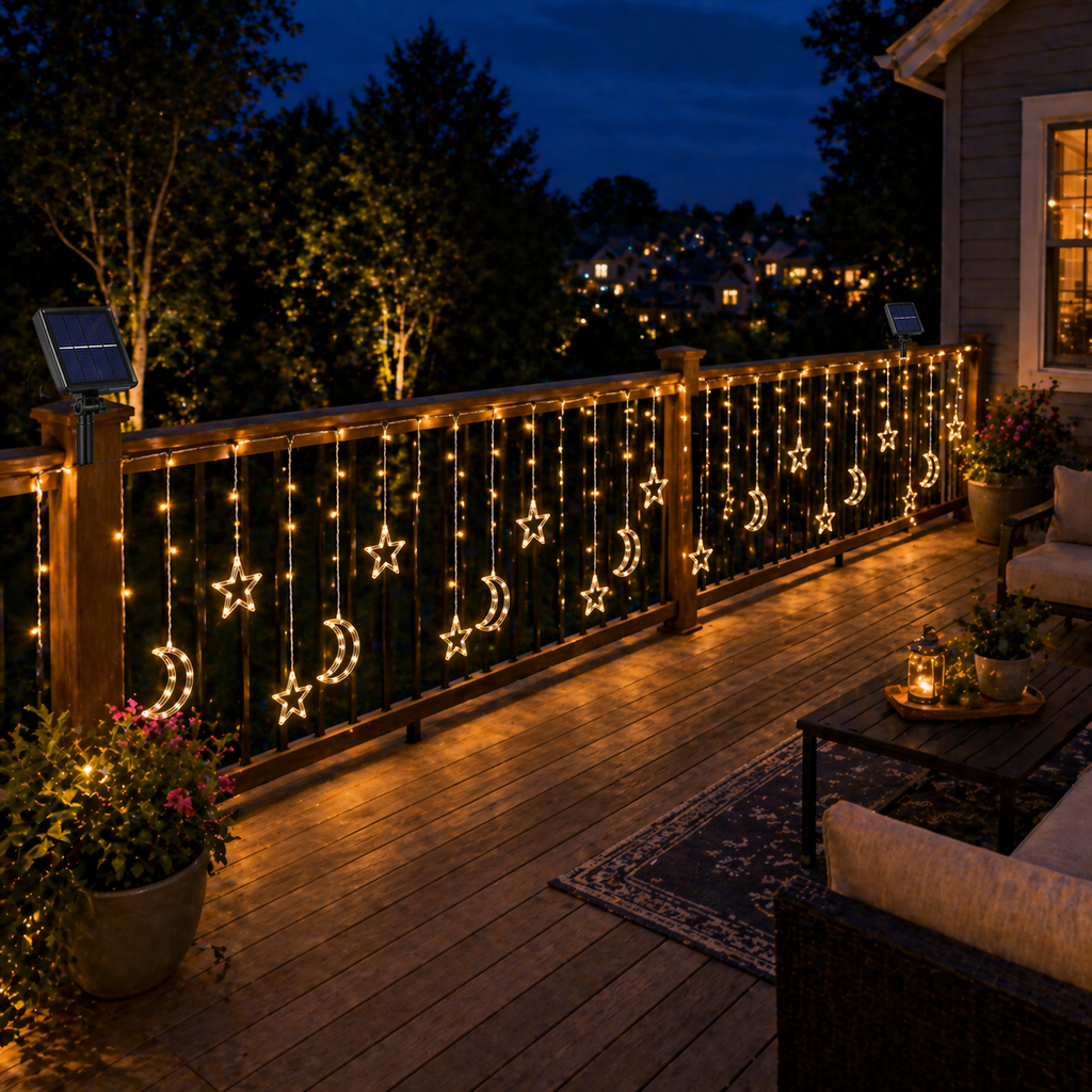 Wooden deck with Solar Star Moon String Lights Outdoor shaped like stars and moons, evening setting.
