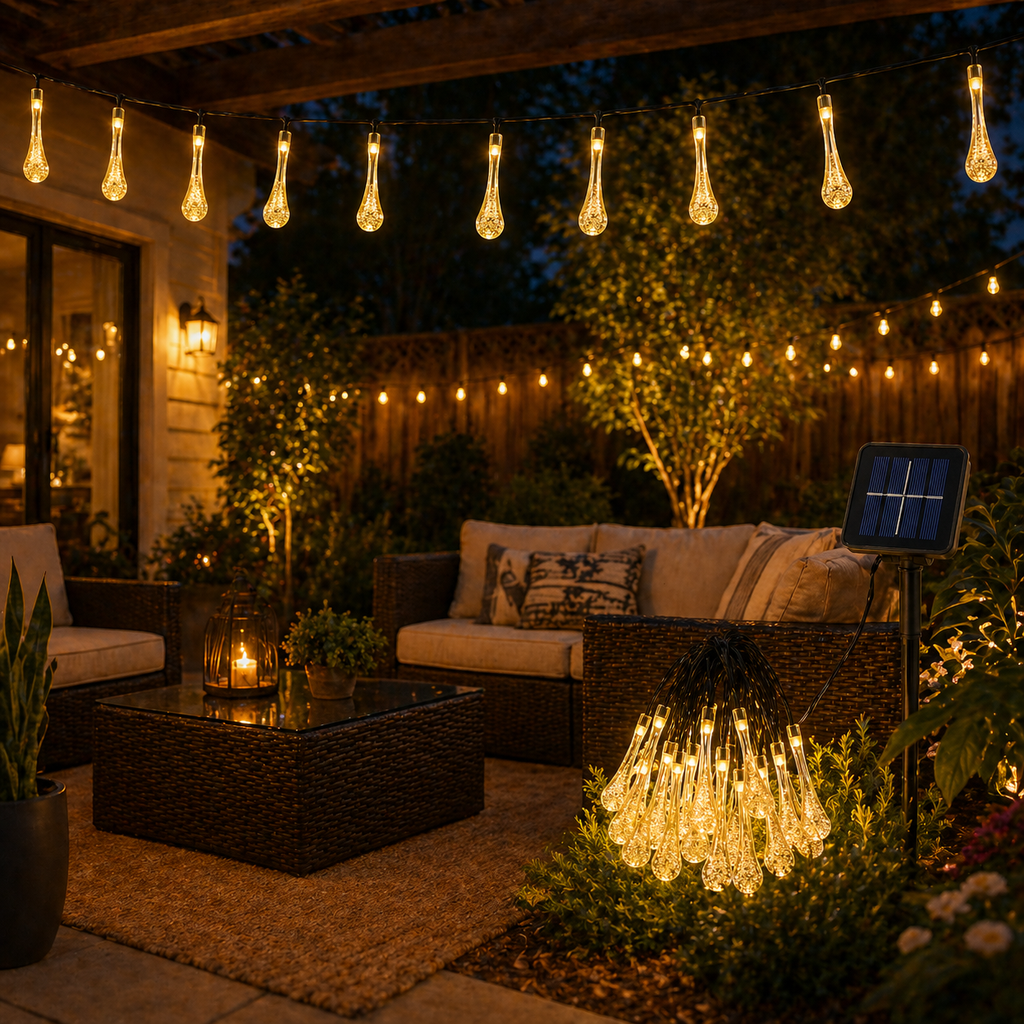 Outdoor patio with Solar Water Drop Fairy Lights Cabin, solar panel, and seating area at night.