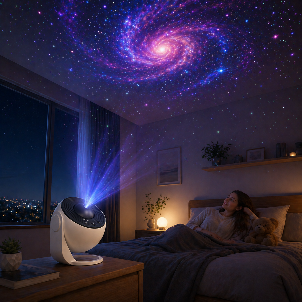 Woman lying on a bed with a Starry Sky Galaxy Projector Lamp on a nightstand, creating a starry night effect.
