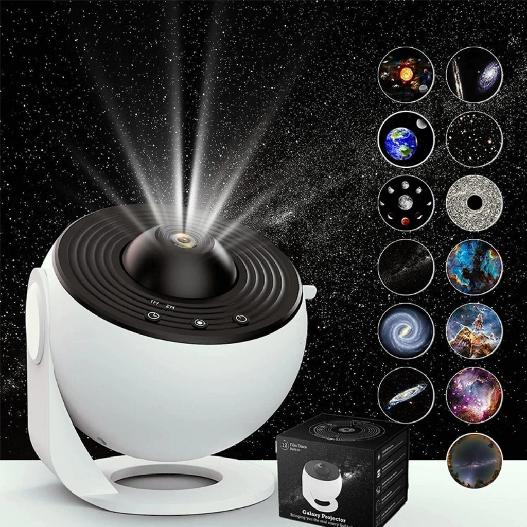 Starry Sky Galaxy Projector Lamp with starry sky display and planet illustrations on a dark background.