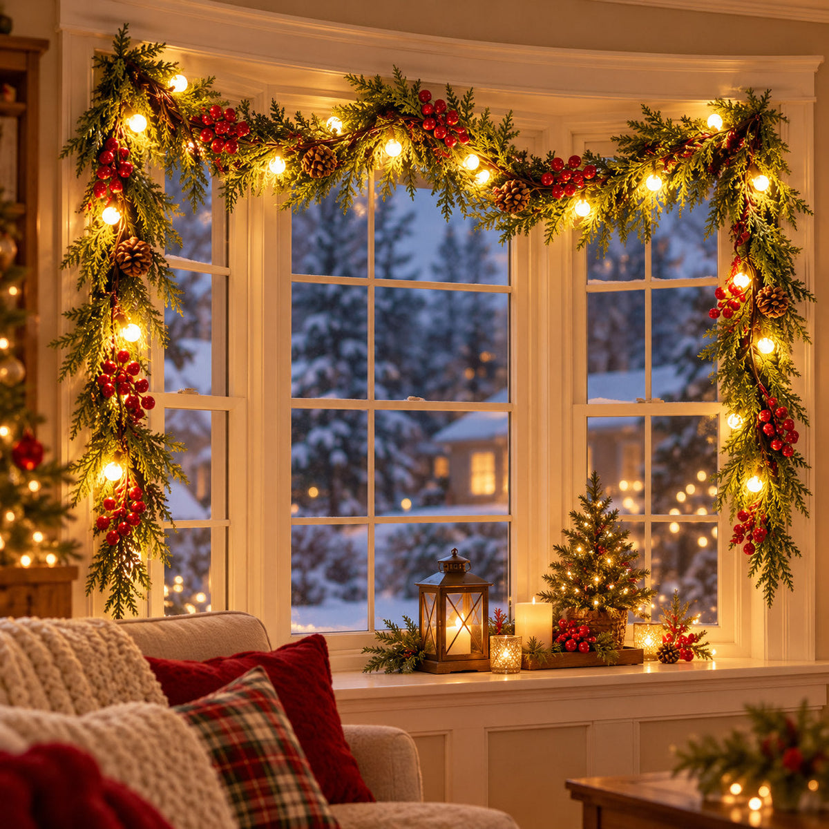 Illustrative bay window decorated with lighted Christmas pinecone and berry garland