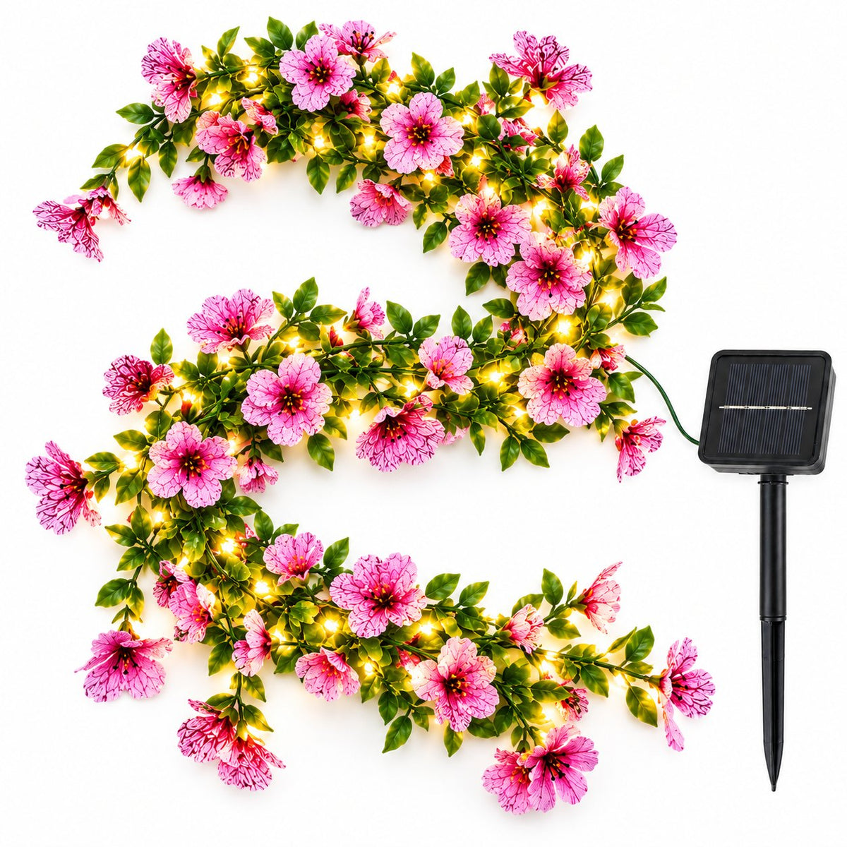 Pink and violet artificial flower fairy light vine arranged in an S shape with black solar panel