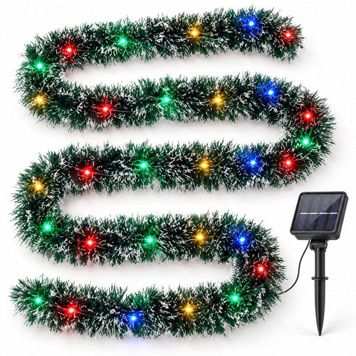 15 ft solar Christmas garland with multicolour LEDs and separate solar panel on white background